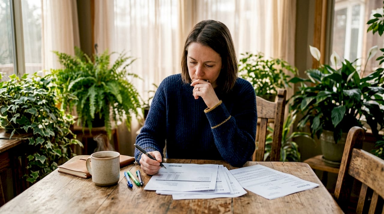 Woman reviewing lemon law repair paperwork at home