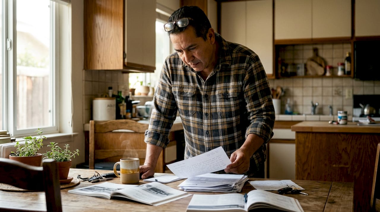 Truck owner reviewing brake defect documents at home