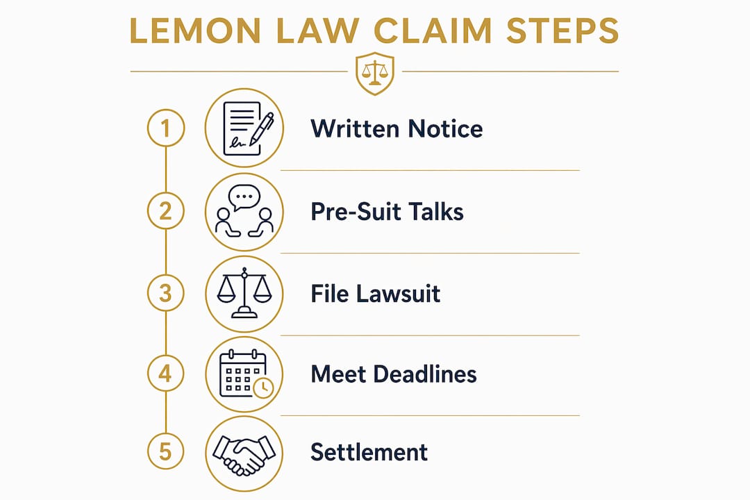 Infographic illustrating step-by-step lemon law claim process
