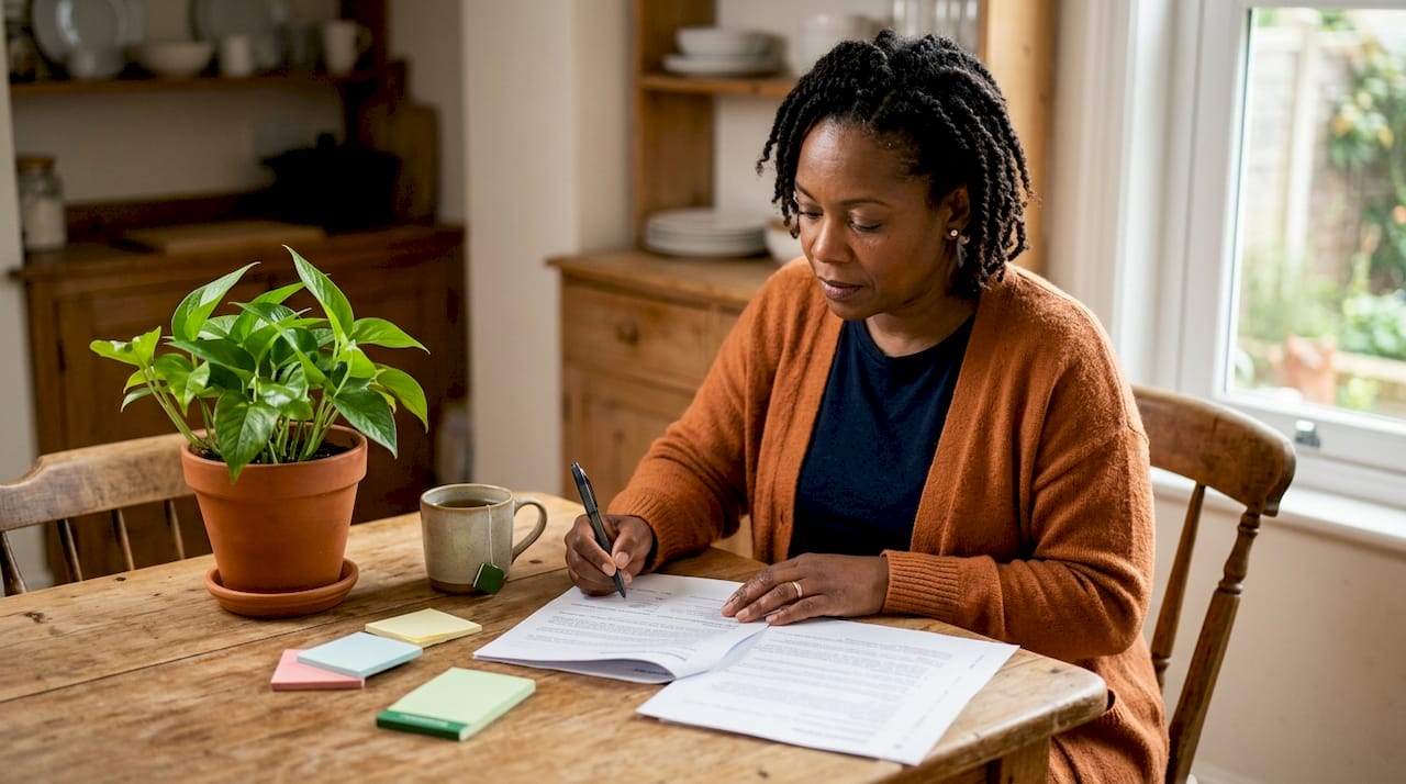 Woman reviewing homeowners insurance documents at home