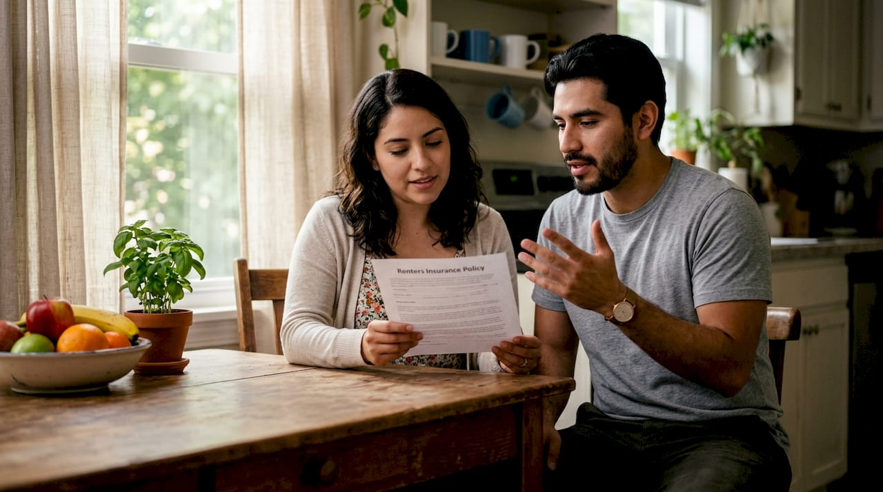 Couple discussing renters insurance in apartment living room