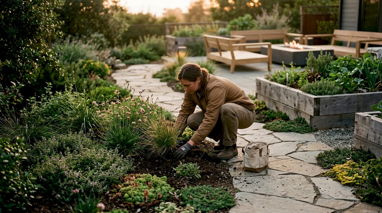 Gardener hands tending native plants in luxury landscape