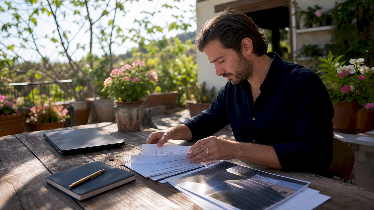 Hands organizing solar cost estimate paperwork