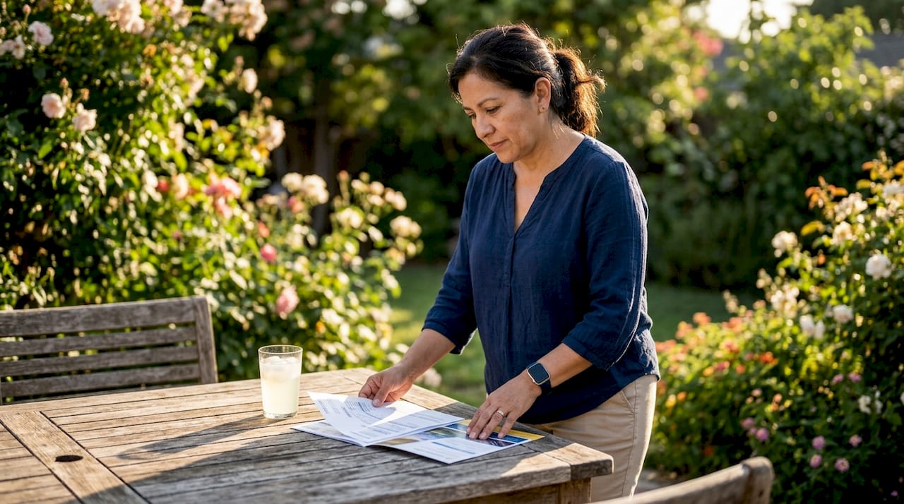 Woman comparing solar and utility bills at home