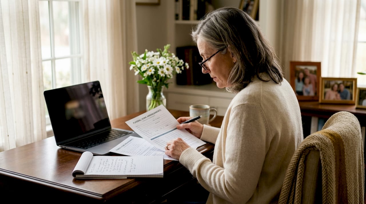 Woman reviewing funeral home documents and laptop