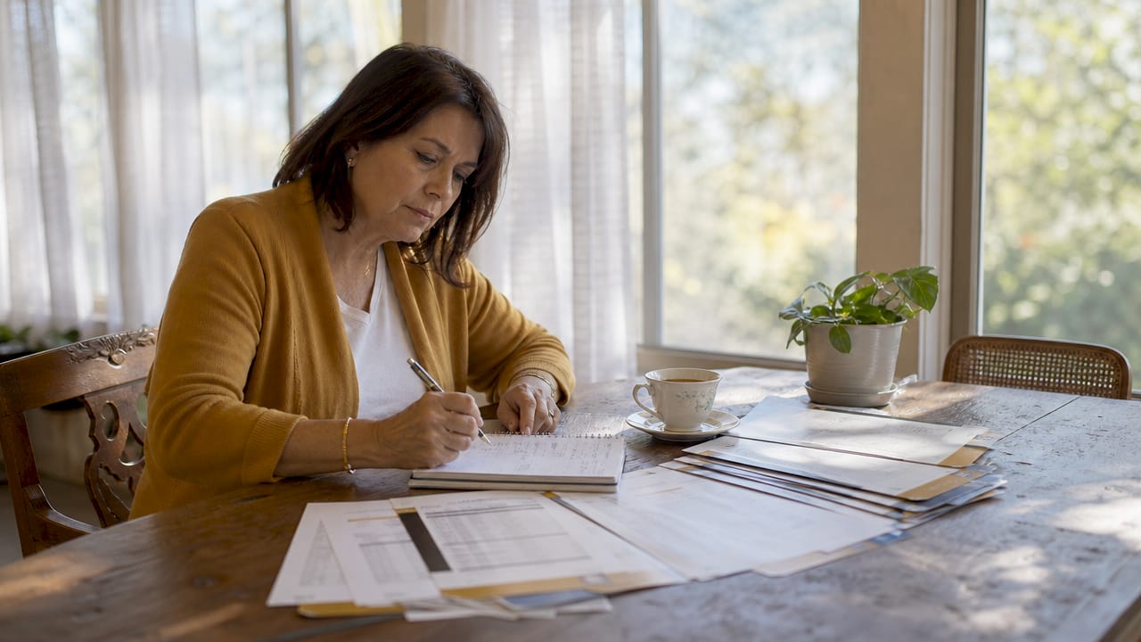 Woman reviewing funeral home price lists at kitchen table