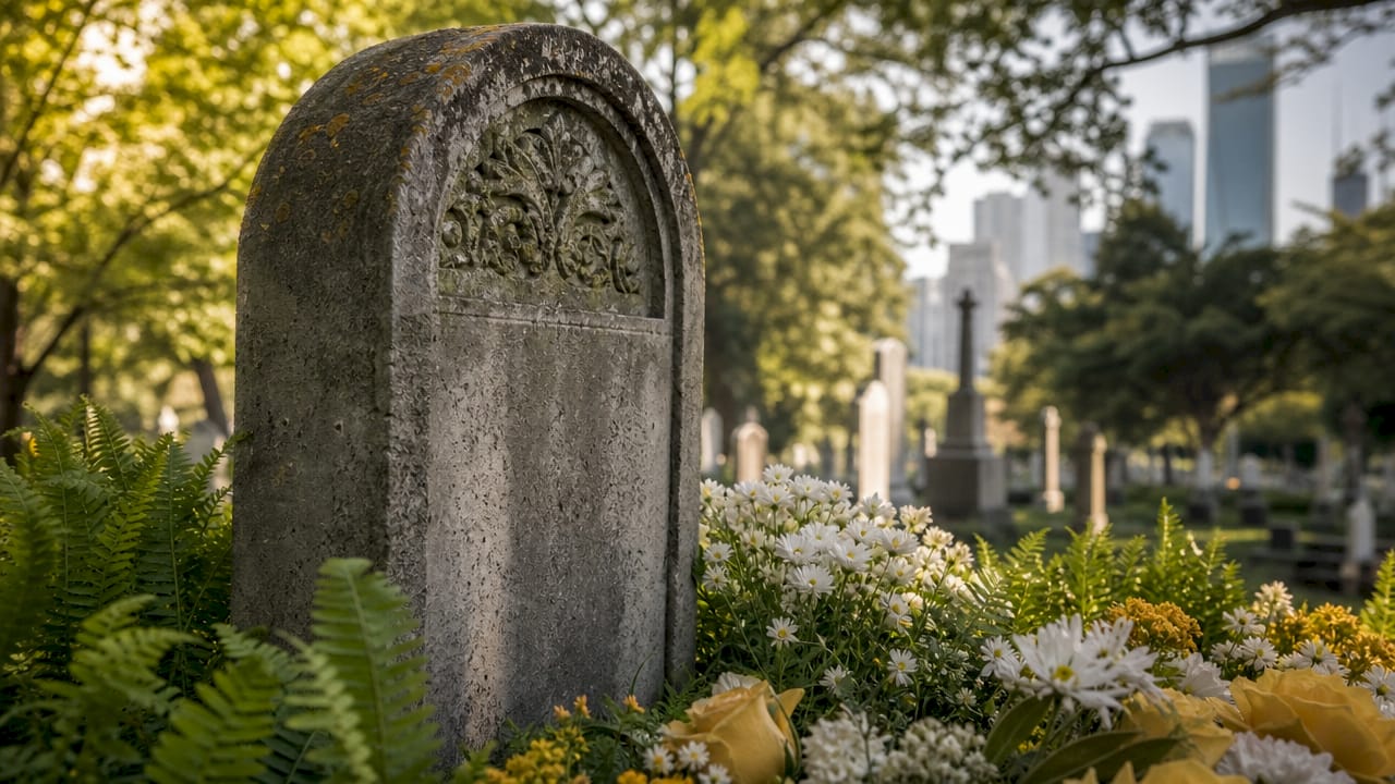 Urban cemetery with gravestones and groundskeeper