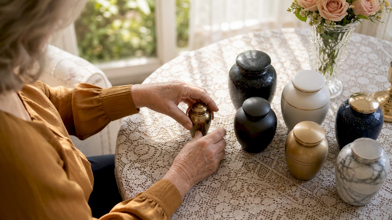 Elderly man examining funeral urn samples