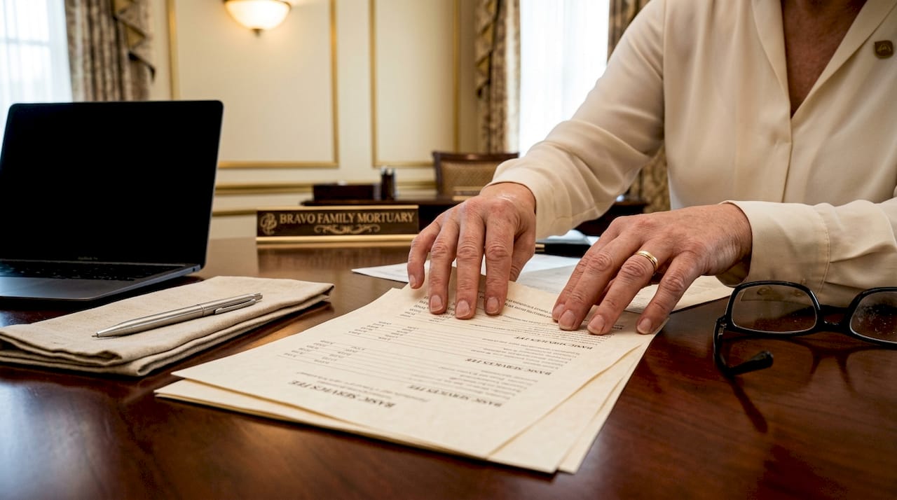 Hands arranging funeral price lists on desk