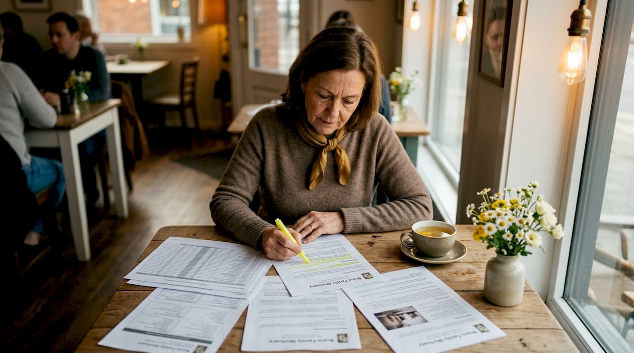 Woman reviewing funeral cost documents at home