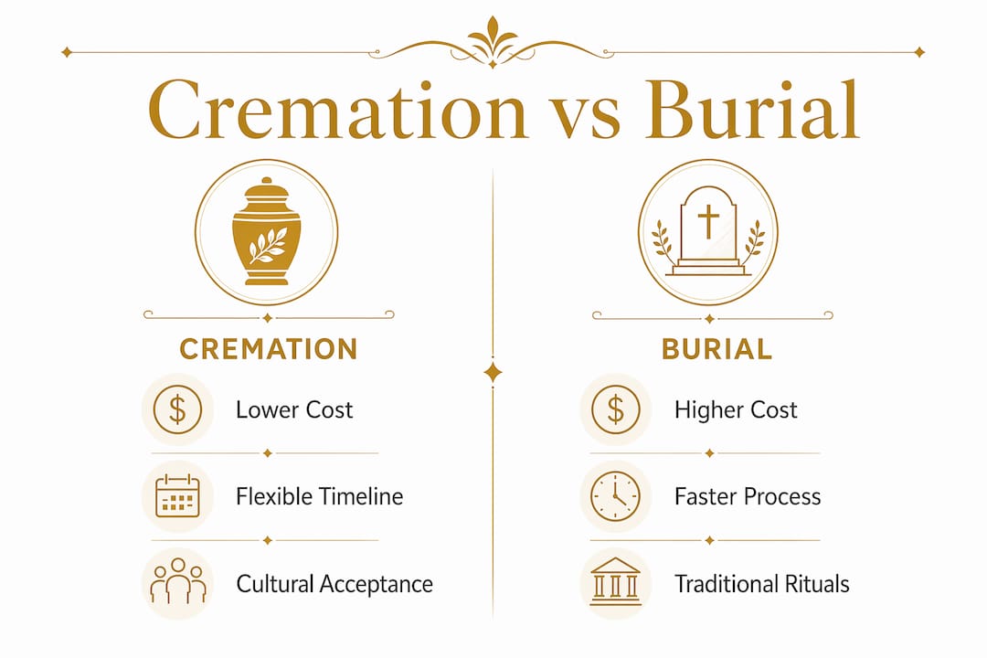 Infographic comparing cremation and burial factors