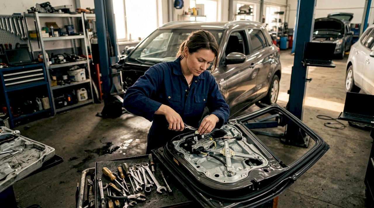 Technician examining vehicle door actuator in repair shop