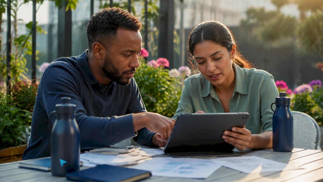 Two people collaborating on marketing data