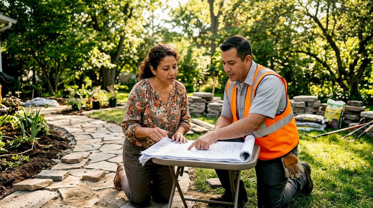 Homeowner and contractor discussing backyard project