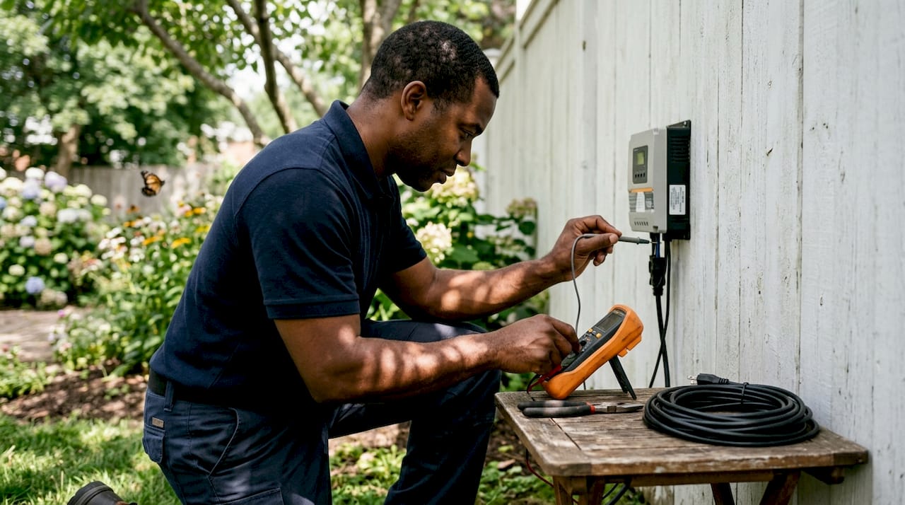 Hands measuring solar panel inverter output with multimeter