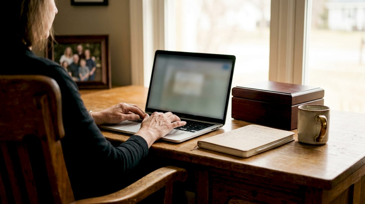 Hands setting up virtual funeral software