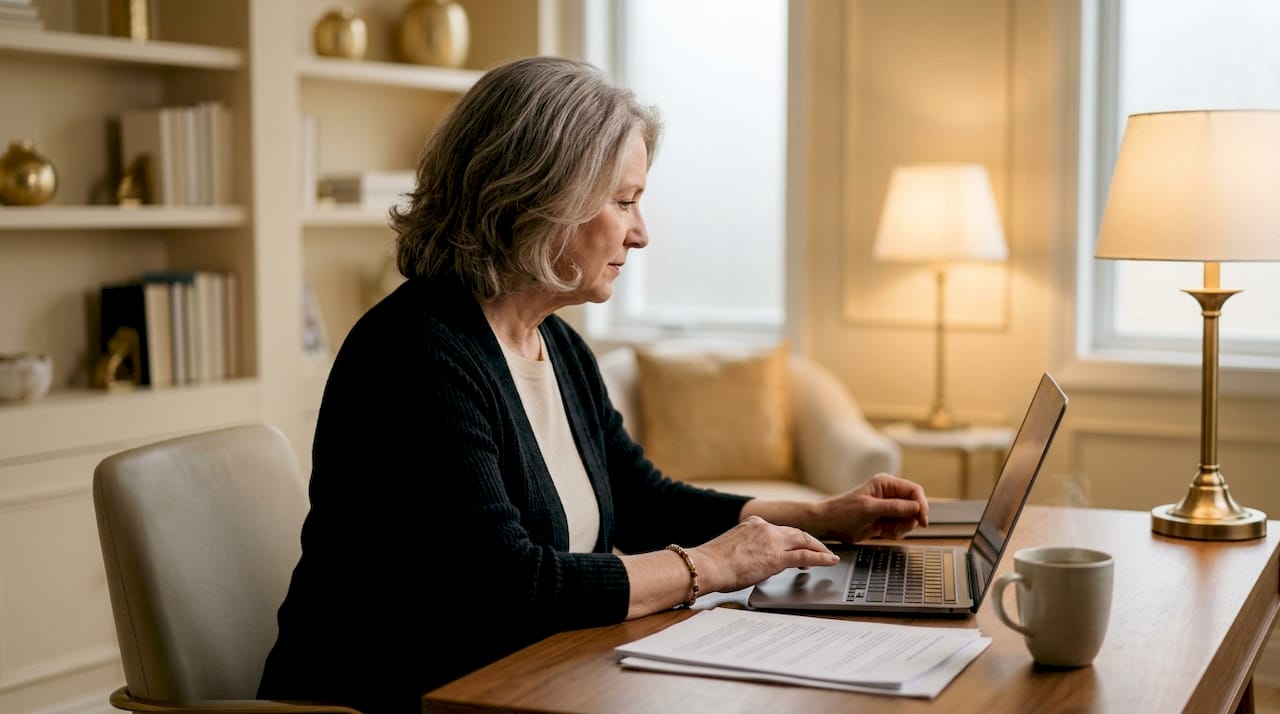 Woman arranging virtual funeral at home