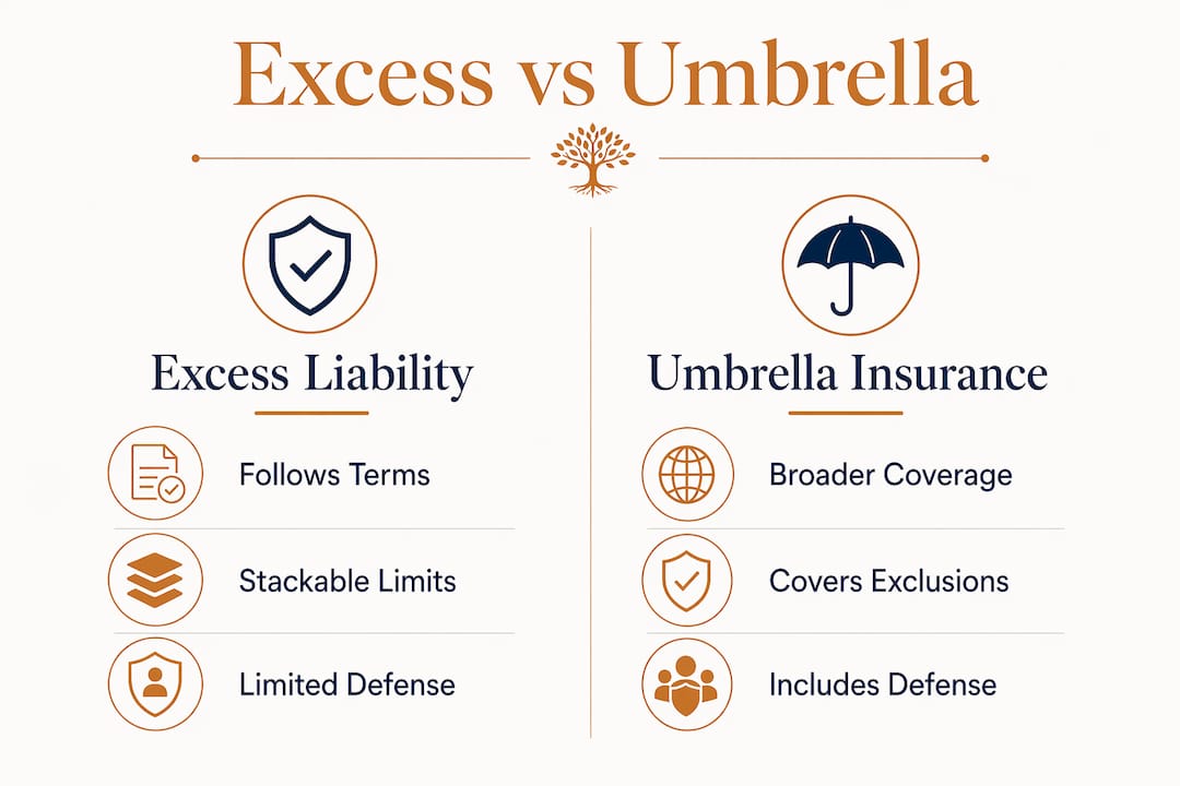 Infographic comparing excess liability and umbrella insurance