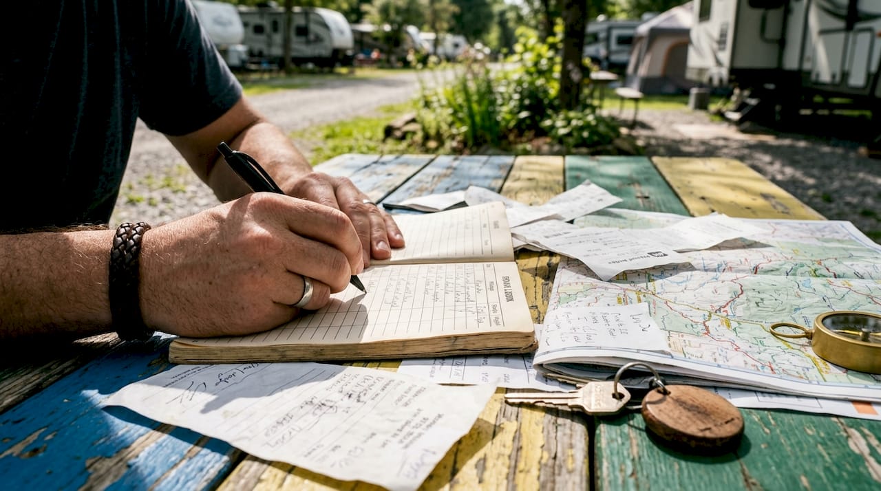 Hands writing in RV repair logbook outdoors