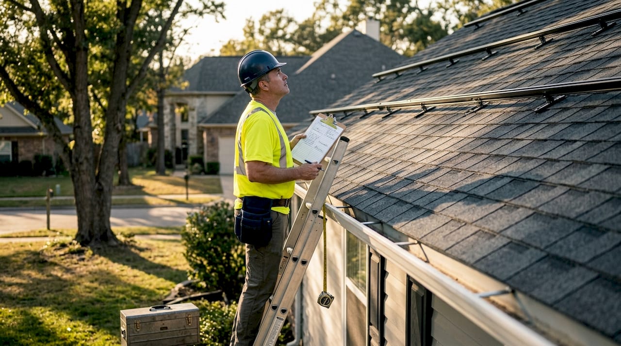 Roofing inspector evaluating solar-ready roof