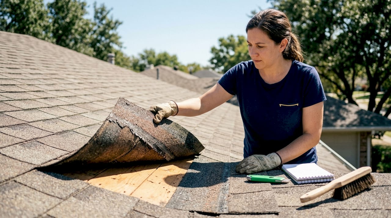Close-up hands checking condition of roof shingles