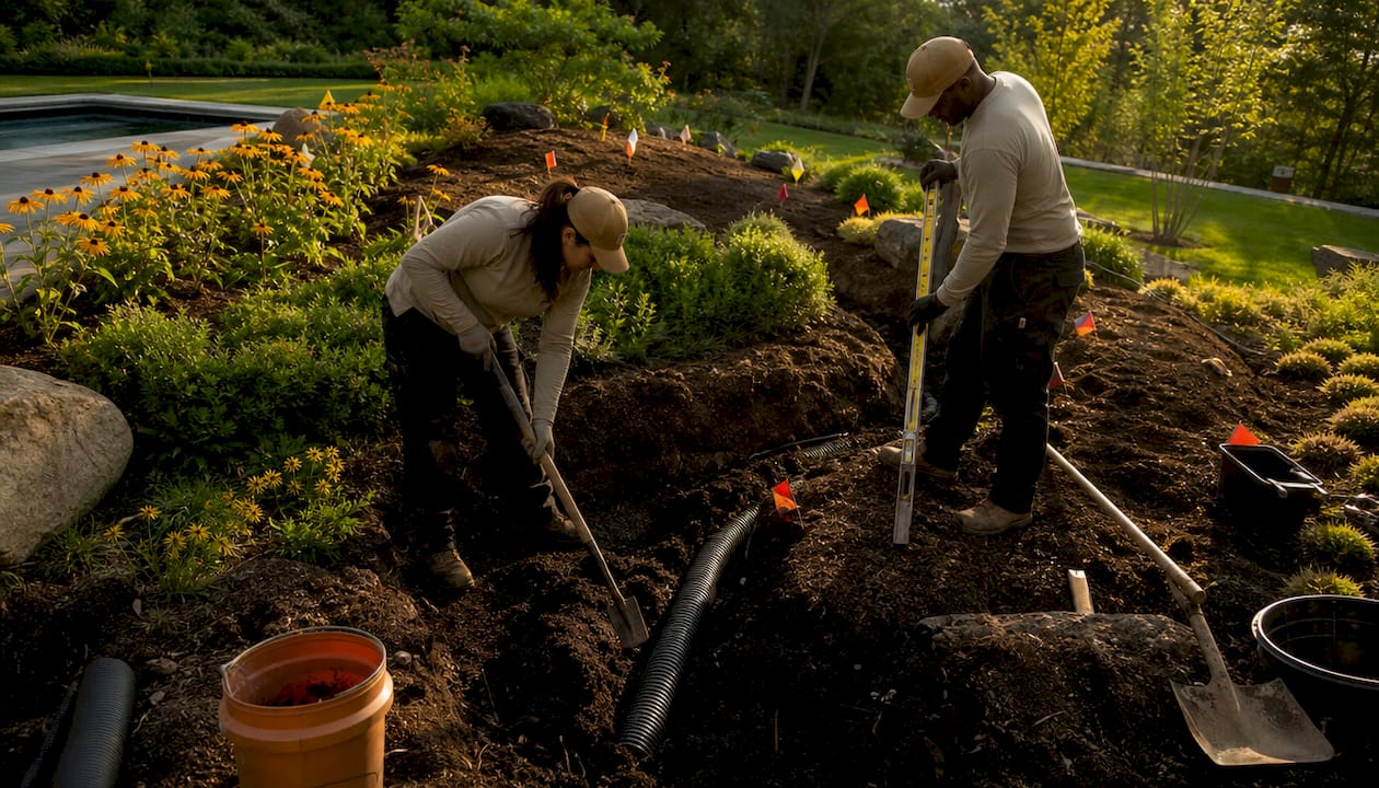 Crew installing luxury landscape drainage system