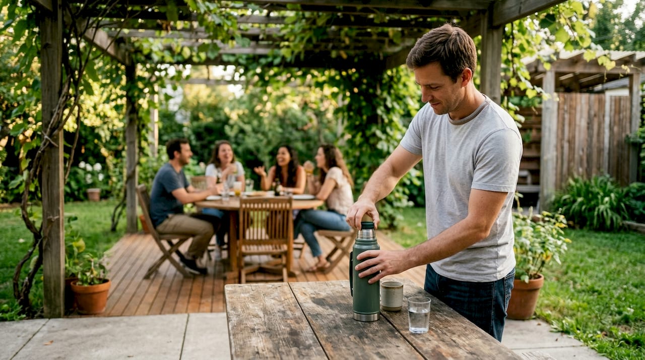 Man adjusting drink in sunken lounge with visible dining deck background
