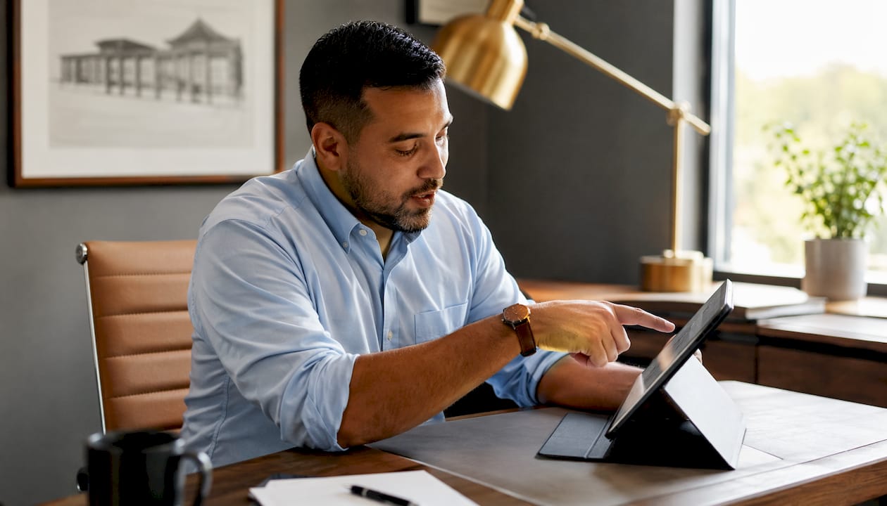 Hands pointing at home replacement estimate on tablet