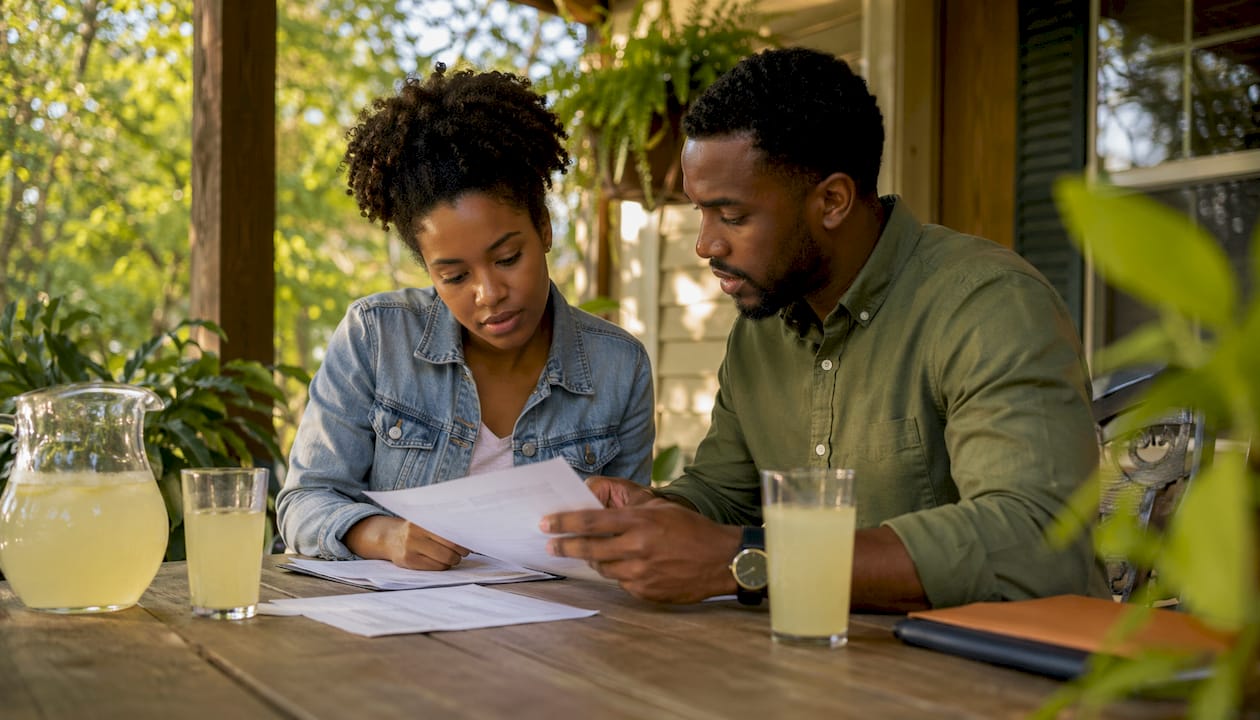 Couple reviewing home insurance papers in kitchen