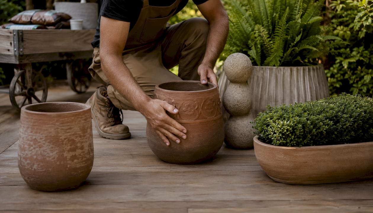 Craftsman arranging garden focal point elements