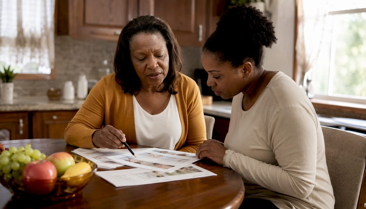 Family discussing funeral planning documents