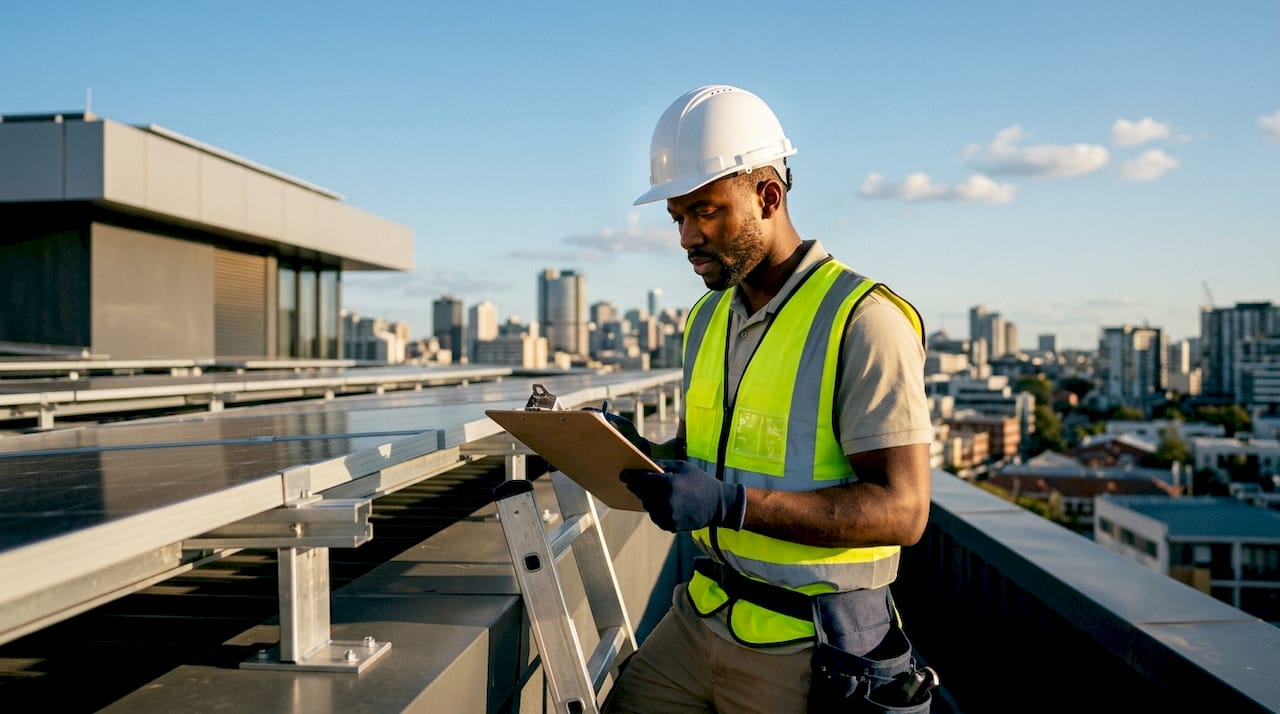 Solar technician inspecting rooftop panel mounts