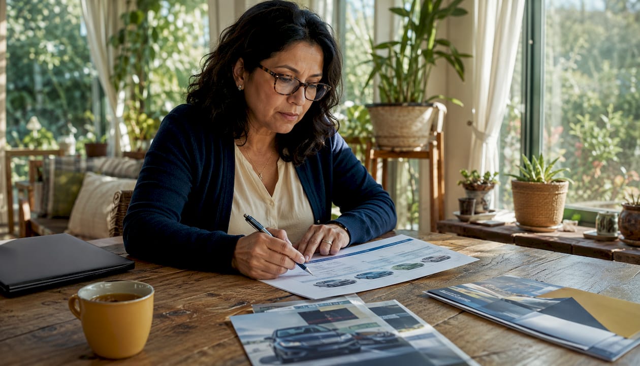 Woman comparing pre-owned car leasing options at home desk