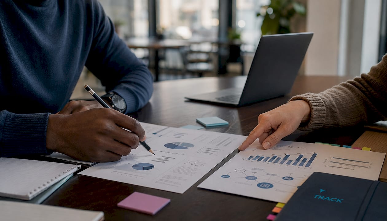 Hands comparing SEO and AEO strategy documents