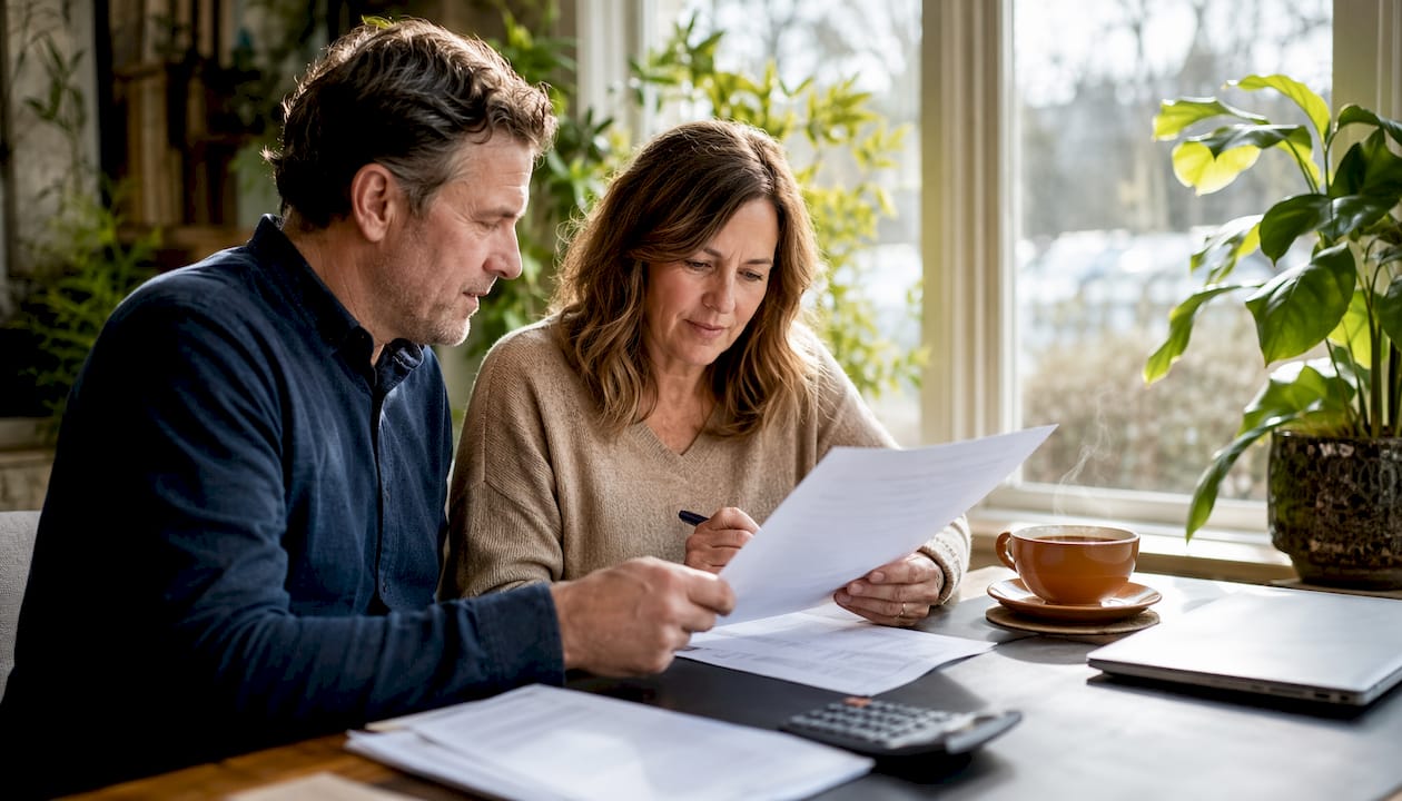 Couple reviewing umbrella insurance policy at home table