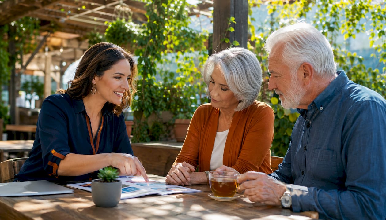 Insurance agent discussing umbrella coverage with elderly couple