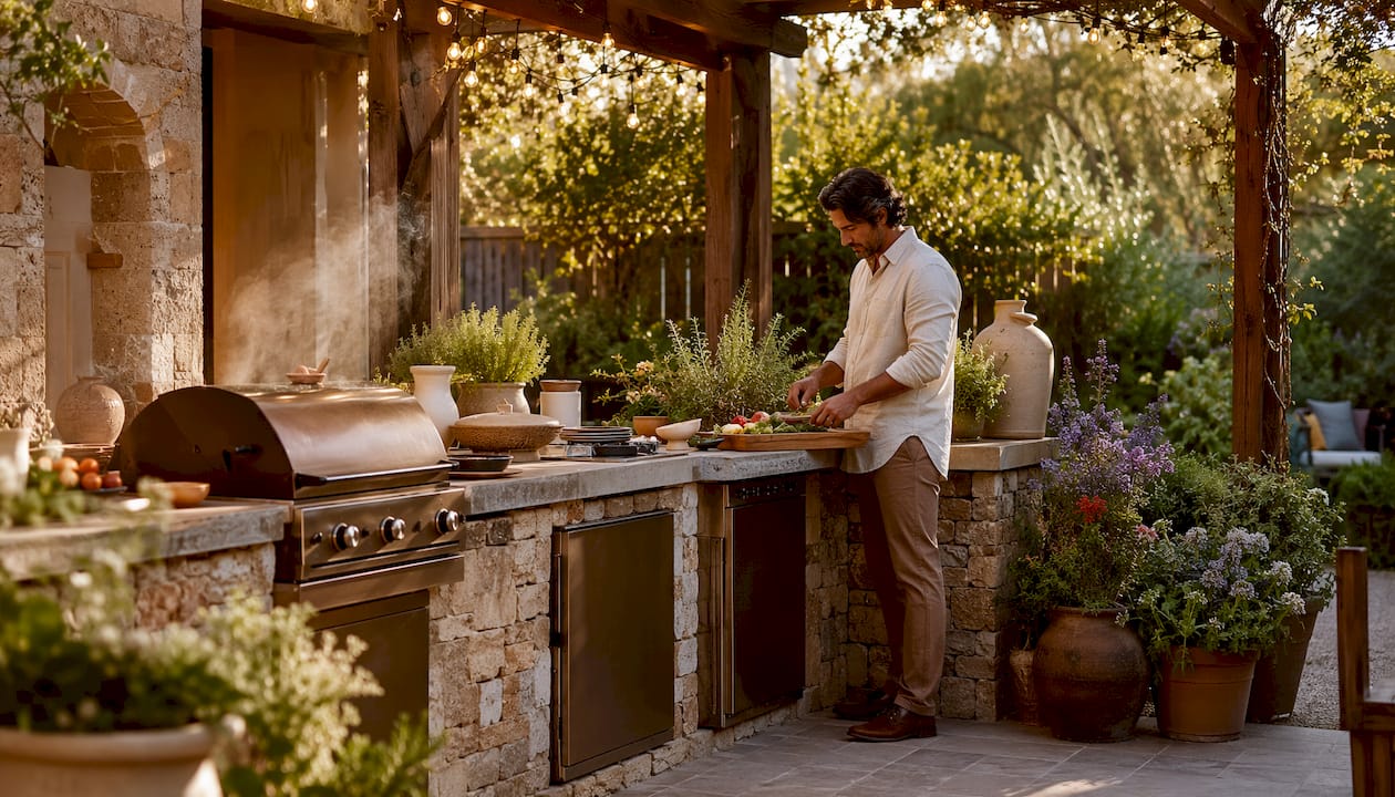 Modern L-shaped outdoor kitchen with man preparing food