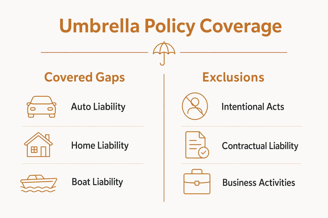 Infographic comparing umbrella policy covered gaps and exclusions