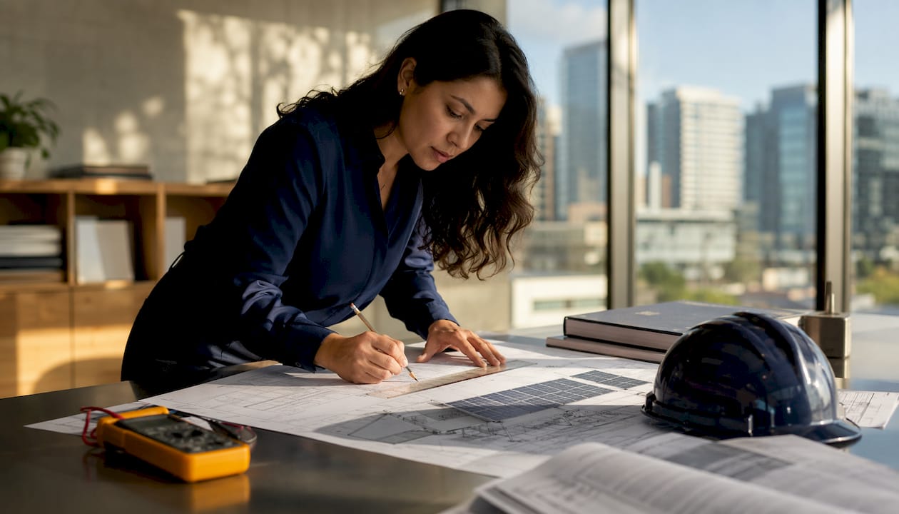 Solar engineer reviewing solar system schematic at drafting table