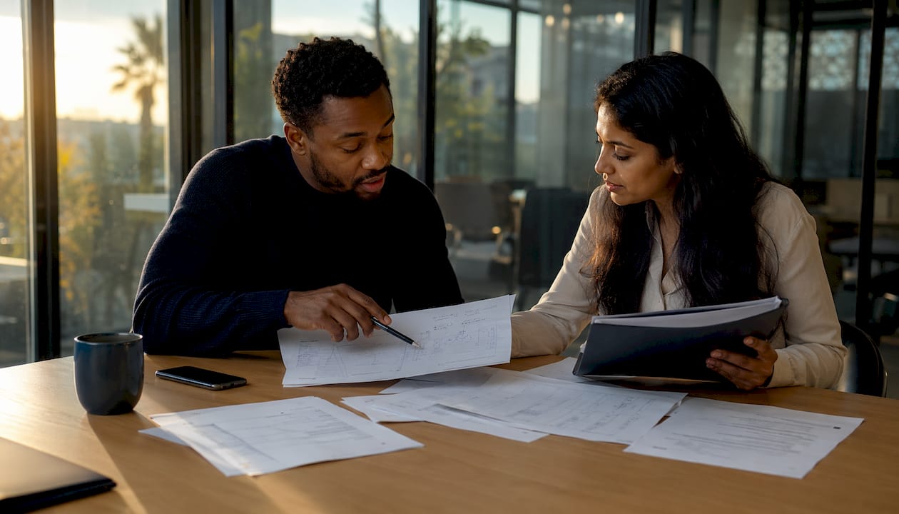 Professionals reviewing solar permit checklist at conference table