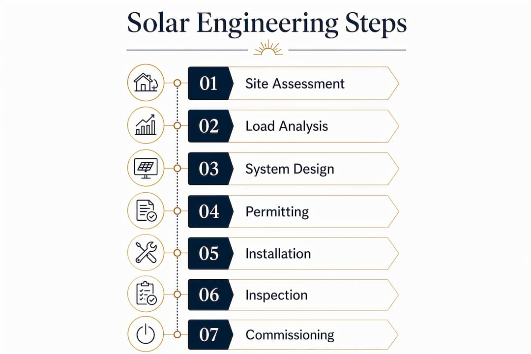 Infographic showing solar system engineering process steps