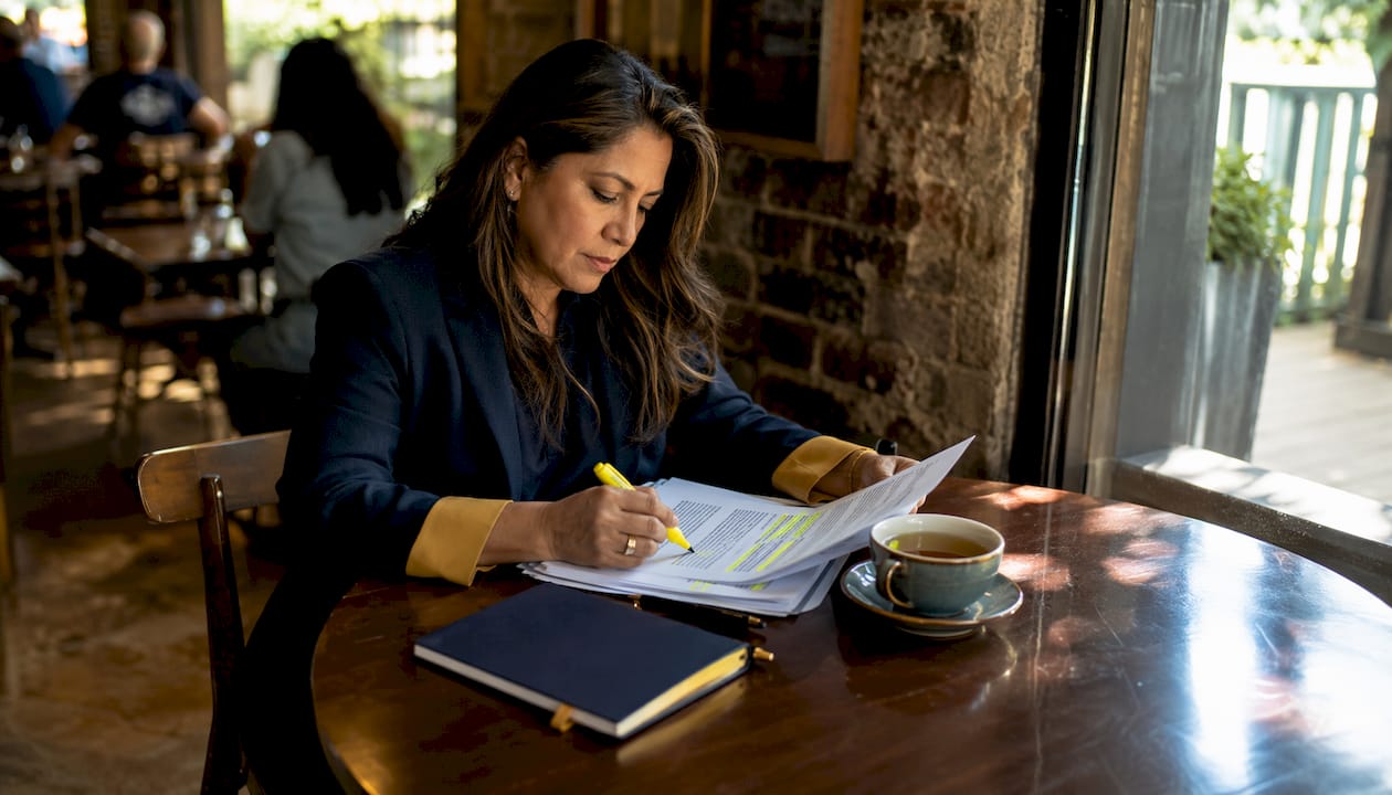 Senior managing attorney reviewing legal briefs at office desk
