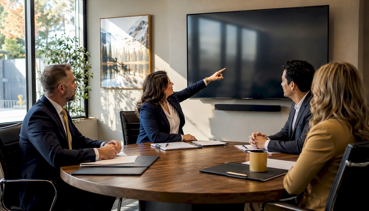 Legal team discussing documents in conference room
