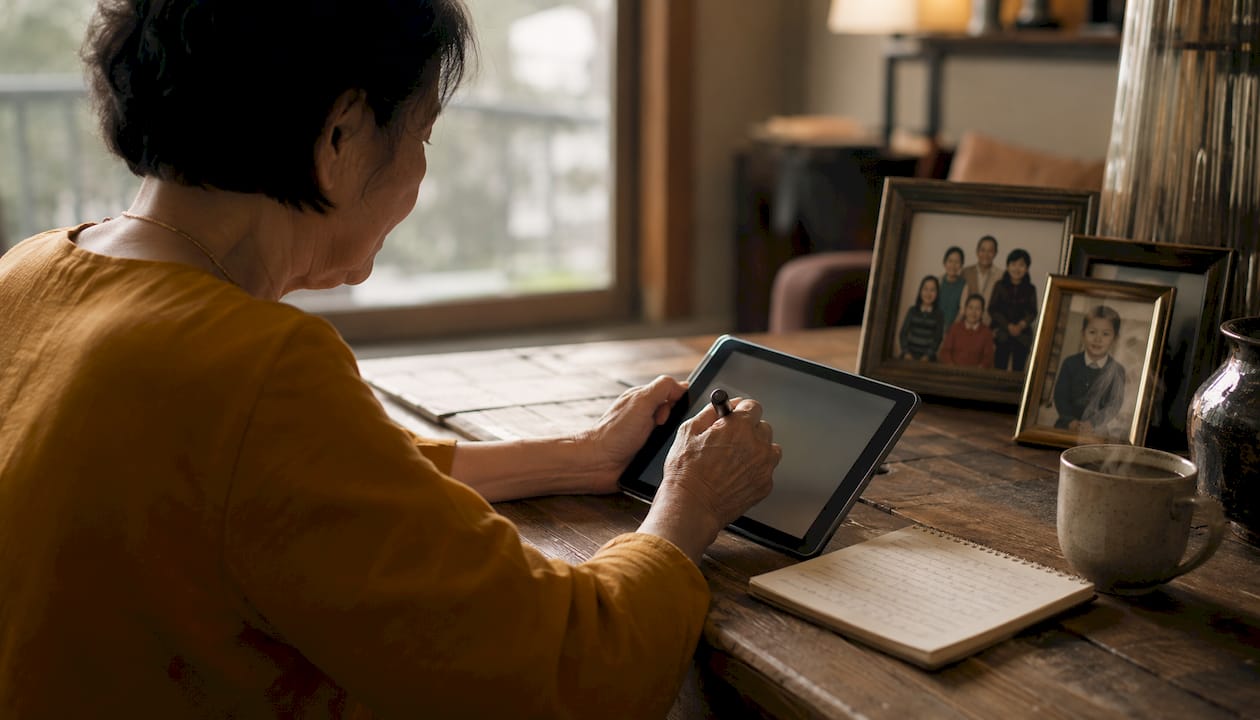 Hands using tablet for funeral arrangements at kitchen table