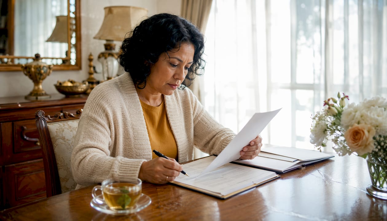 Woman arranging funeral planning paperwork at home