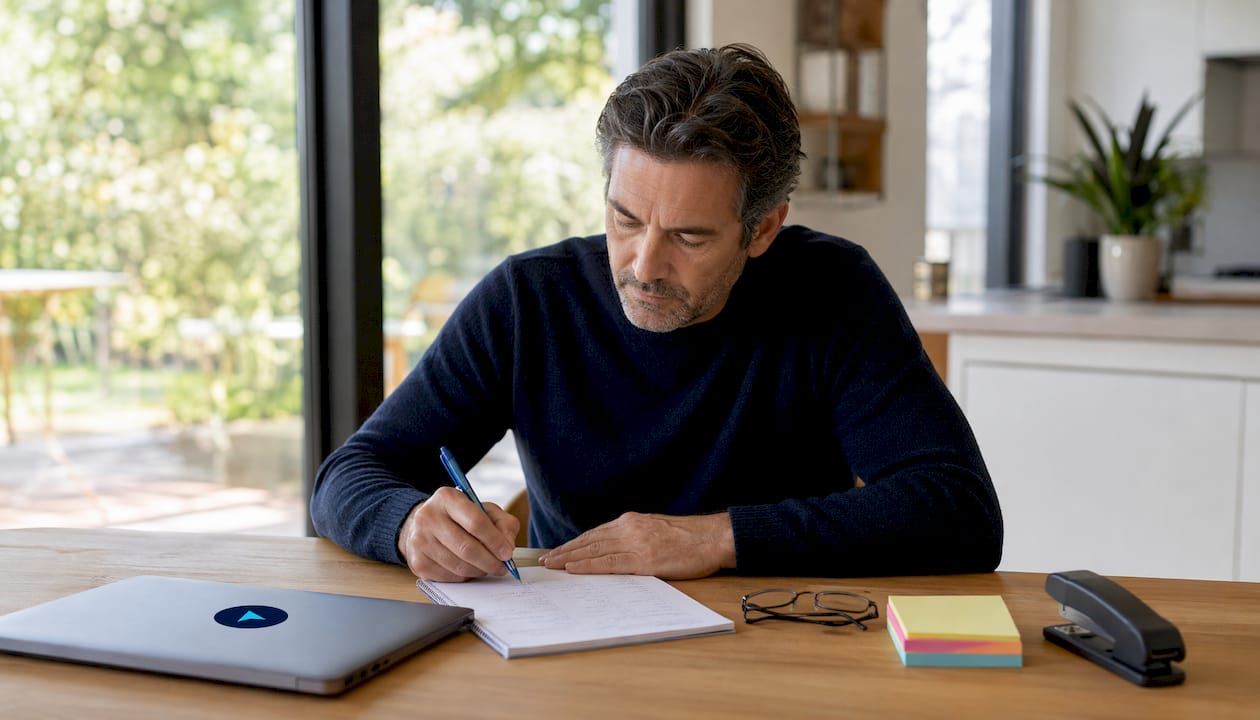 Hands writing Q\&A notes on ergonomic desk