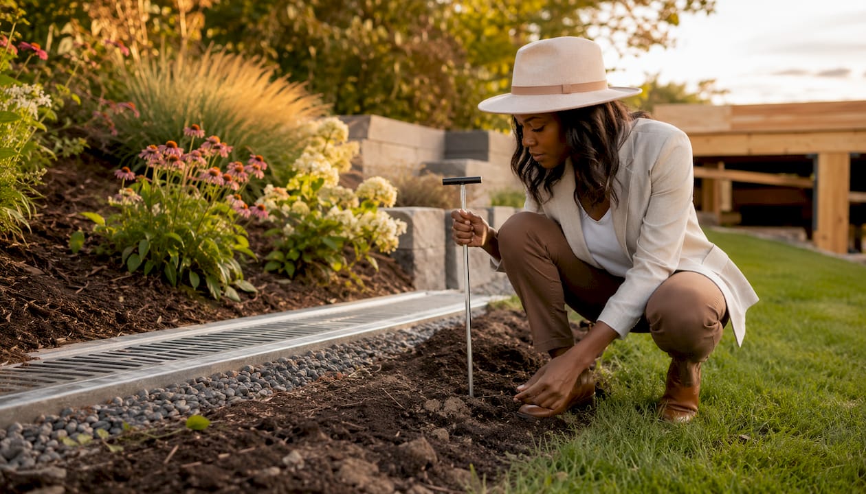 Woman inspecting soil and drainage in luxury garden