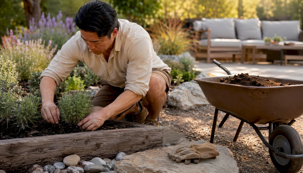 Gardener planting drought-tolerant shrubs outdoors