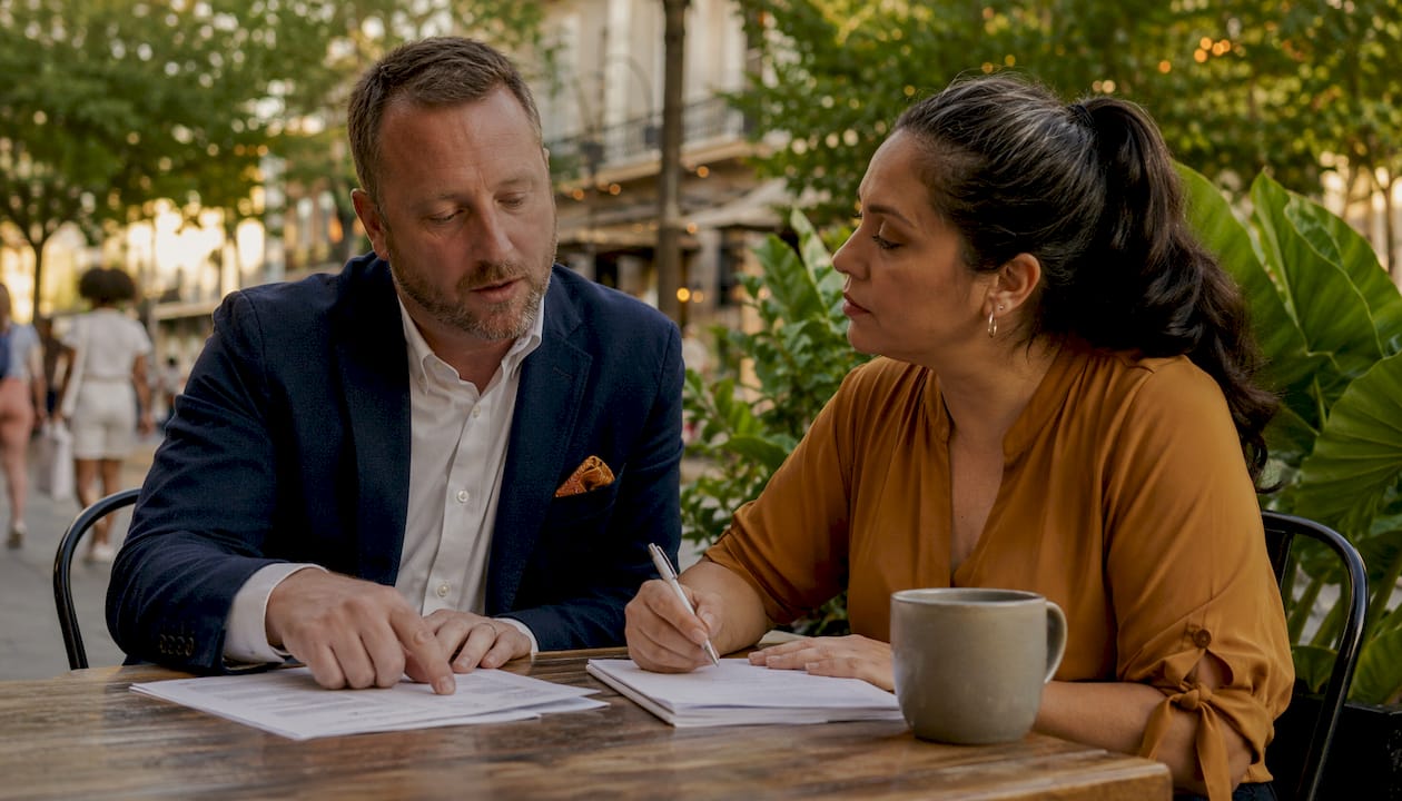 Insurance agent consulting Louisiana business owner in office