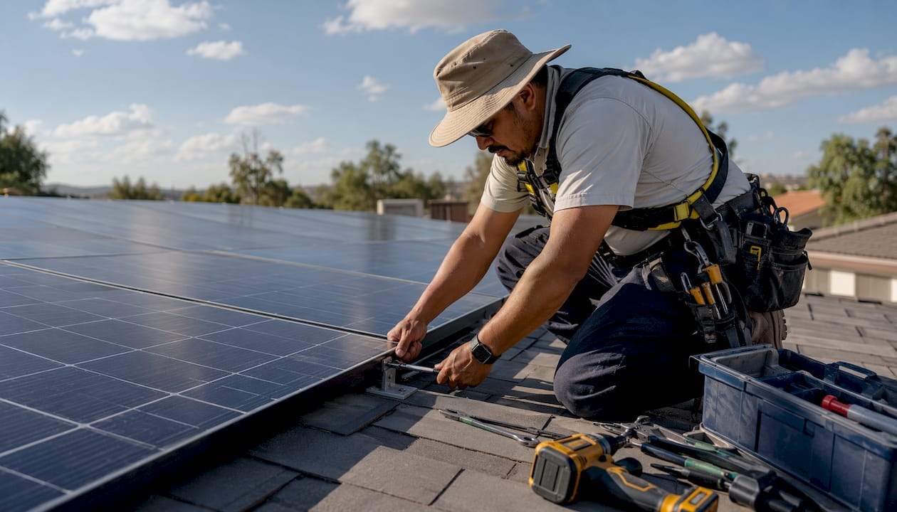 Technician inspecting solar panel mounts on roof